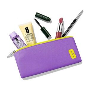 CLINIQUE MAKEUP SKINCARE SAMPLE GIFT SET W/ PURPLE COSMETIC BAG TRAVEL SIZE